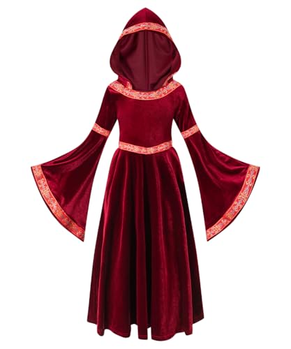 Nwnip Kids Girls Medieval Princess Costume Cosplay Halloween Dress Outfits (Red, 6-8 Years)