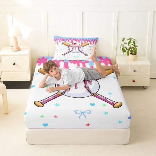Image of Castle Fairy Baseball Cream Bed Sheets Twin Size,Ball Gaming Sweet Bowknot Easy Wash Bedding Set,Cute Sport Style Kids Room Decor,Pink Bule White Sheet(Fitted+Flat+1 Pillowcase)