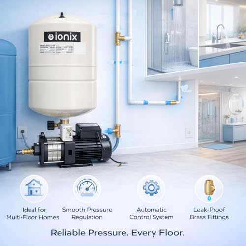 Image of IONIX 1 HP High Pressure Booster Pump with 24L Pressure Tank, Stainless Steel Multi Stage Pump Head, Grundfos Pressure Switch, Brass NRV & 5 Way Connector, Water Pressure Pump for Home & Overhead Tank