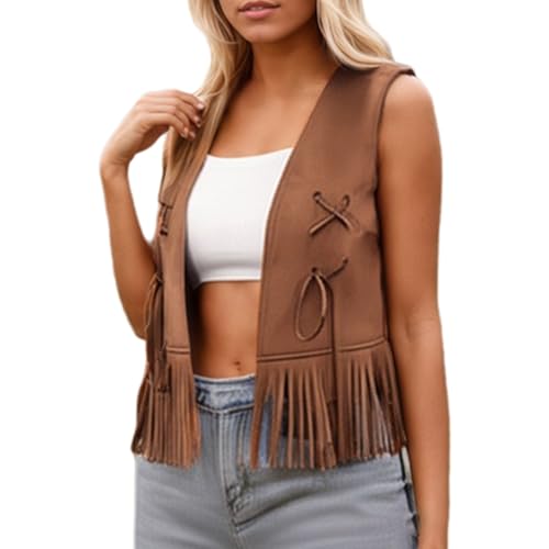 Bkazwe - Gilet à Franges Boho Femme sans Manches Courte - Veste Vintage Années 70 Faux Daim Marron - Cardigan Léger Festival Mode Ethnique Hippie Tops à Franges Cardigan en Daim Gilet Veste