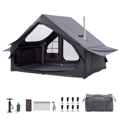 Inflatable Camping Tent for 4-6 Person, with Electric Air Pump, 4 Season Waterproof Windproof, Clear Skylight & 420D Oxford Waterproof, Air Tent with Mesh Windows/Doors