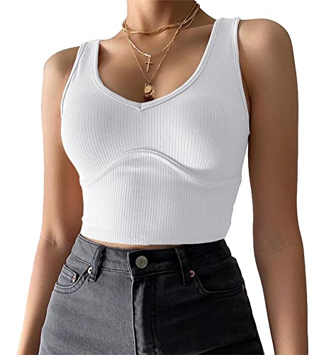 Artfish Women's Sexy Scoop Neck Corset Crop Top Bustier Sleeveless Fitted Ribbed Basic Cropped Tank (White,S)