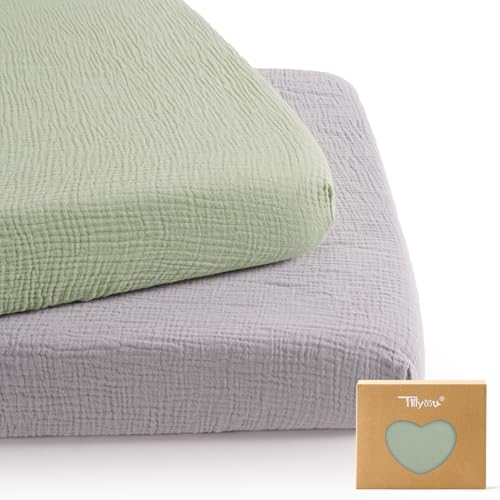 Image of TILLYOU Muslin Mini Crib Sheets 2 Pack, Pack and Play Mattress Sheets Fitted for Pack N Play, 38 x 26 Sheet for Toddler, Grey and Saga