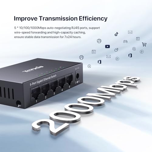 Image of Tenda 5 Port Gigabit Ethernet Switch | Ethernet Splitter | 5 x 1000Mbps Ports | Unmanaged Network Switch | Plug & Play | Desktop /Wall-Mount | Fanless Quiet | Sturdy Metal Case | Traffic Optimization