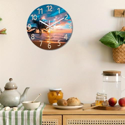 Image of XFM Large Coastal Glass Wall Clock 24 Inch for Living Room Sunset Beach | Silent Non Ticking Battery Operated Blue Nautical Modern Glass Decorative for Dining Room Bedroom Home Office