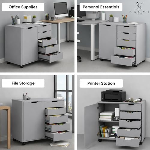 Image of Naomi Home Amy 5-Drawer Rolling Office File Cabinet - Gray