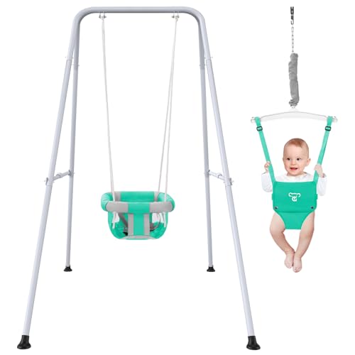 Image of 2 in 1 Baby Jumper with Swing - Indoor and Outdoor Use, Baby Jumpers and Bouncers, Toddler Swing with Foldable Stand（Mint Green）