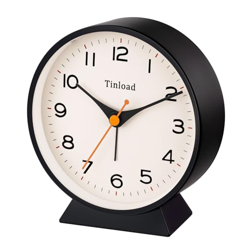 Image of Tinload 4.5 inch Battery Operated Retro Analog Alarm Clock, Small Silent Bedside Desk Clock,Lighted on Demand, Battery Operated, Snooze, for Living Room, Bedroom, Bedside, Desk(Black)