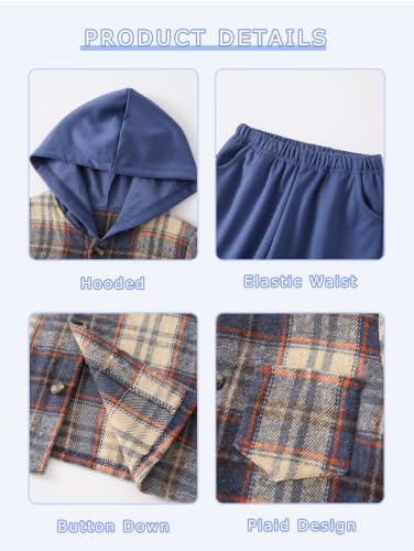 Image of 2Pcs Kids Boys Flannel Plaid Shirt Tops Pants Set Hoodie Sweatsuit for Fall Winter Spring Outfits 4-12 Years