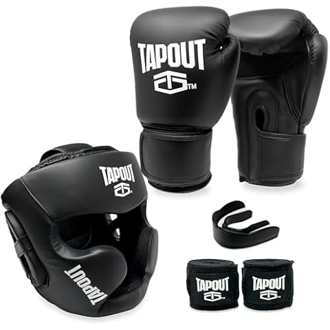 TAPOUT Boxing Set - 10 oz Gloves, Headgear, Two Handwraps, One Mouth Guard, Mesh Bag - Complete Training Gear for Boxers Cover