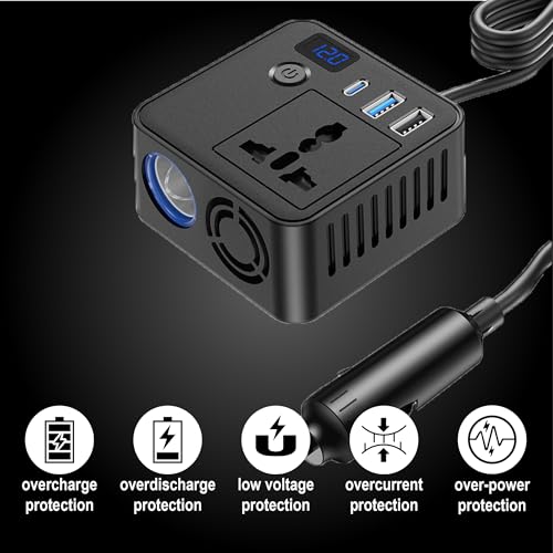 Image of PRONOD 200W Car Power Inverter with 30W Type-C PD, 18W USB, AC Socket & Cigarette Lighter Slot, 12V Car Plug, LED Indicator, Power Button & Cooling Fan, Cup Holder Design for Car