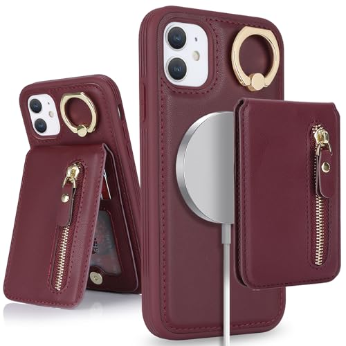 DEYHU for iPhone 11 Phone case with Card Holder with Compatible magsafe Magnetic, Key Chain PU Leather Flip Kickstand Detachable 2-in-1 Wallet case for Apple11 Women Men-Red Wine