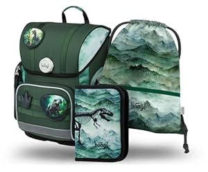 Baagl Schulranzen Jungen Mädchen Set 3 Teilig, Ergo Schultasche für 1. Klasse, Ergonomische Grundschule Ranzen Tornister mit Brustgurt (Dino)