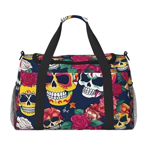 Sugar And Skulls And Flowers Print Travel Duffle Bag For Men Women Sport Gym Handbag With Shoulder Strap For Travel