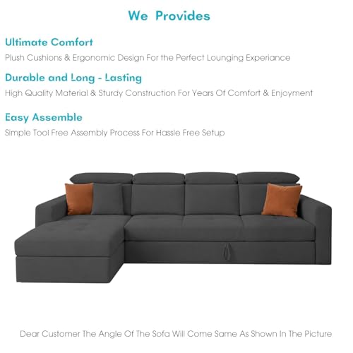 Image of Casaliving Gagnon LHS 6 Seater L Shape Corner Sofa Cum Bed for Living Room (Black Fabric) Premium Fabric Sofa