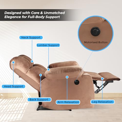Image of Little NAP Helios Soft Suede Fabric Single Motorized Standard Recliner | Padded 1 Seater Aaram Sofa | Relaxing Chair for Home Office Living Bed Room | Brown