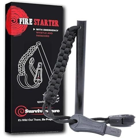 Surviveware Survival Fire Starter with Emergency Whistle, Paracord Handle, and Steel Serrated Scraper Cover