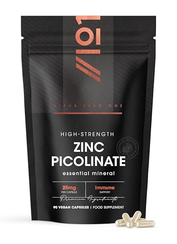 Zinc Picolinate 25mg 90 Vegan Capsules (3 Months Supply) 250% Daily NRV - Elemental Zinc Picolinate Resealable and Recyclable Pouch by Alpha01