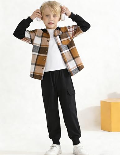 Image of 2Pcs Boys Clothes Sweatsuit Set Hoodie Flannel Plaid Shirt and Jogger Pants for Kids Fall Winter Spring Outfits