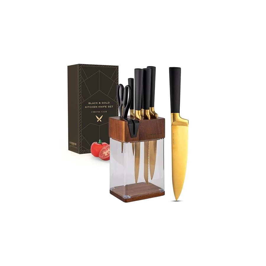 CHROME CLUB Black and Gold Knife Set with Block - 7 Piece Gold Kitchen Knife Set with Durable Clear Knife Block and Sharpener - Vibrant Black Knife Set with Scissors and Cleaning Wipe