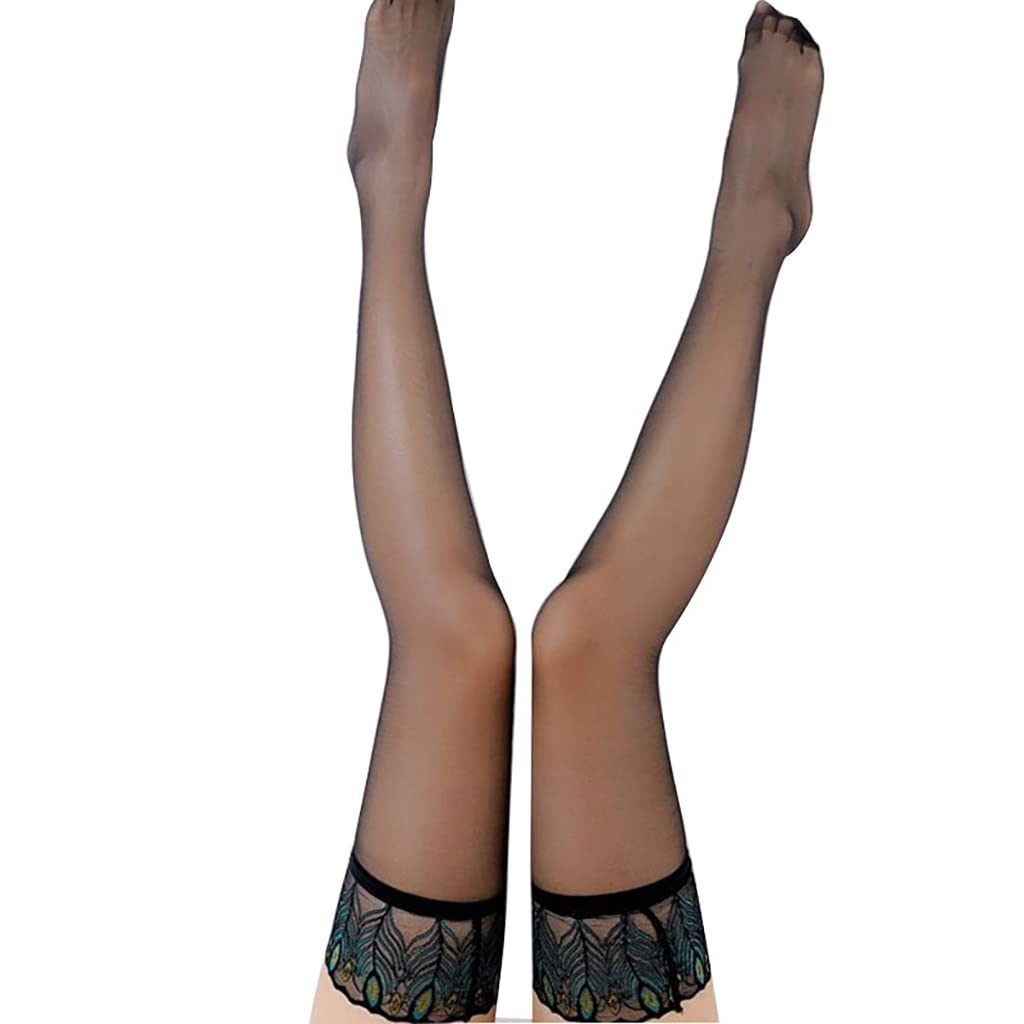 Calzini di Seta da Donna Calzini da Donna con Motivo Pavone Ultra Sottili Sexy Ricami Vedi Attraverso Calze Autoreggenti Calza di Pizzo 2 Paia (Verde Taglia Unica)