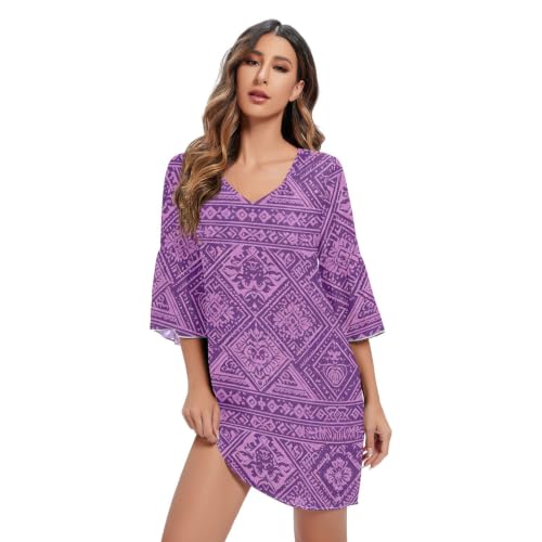 Vestido acampanado de gasa para terrazas de verano con escote V y motivos tribales