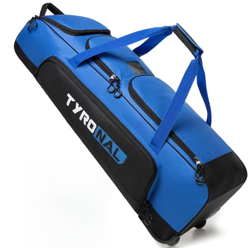 TYRONAL Baseball Bag with Wheels for 4 Bats Soft Rolling Baseball Bag With Multi-Pockets Fence Hook Holds All Equipment. (Blue/Blk)
