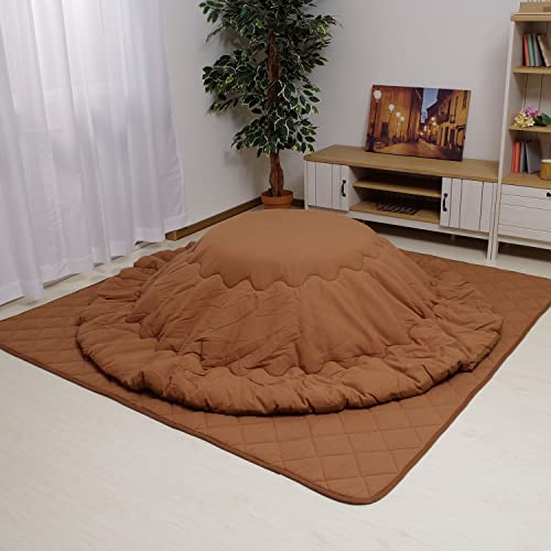 先染めつむぎ織 こたつ布団 円形 掛け敷きセット 205cm丸 ブラウン こたつ掛け布団+こたつ敷き布団 セット