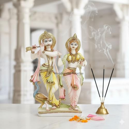 Image of Handicrafts Paradise Culture Marble Radha Krishna with Peacock Hand Painted Statue - 6.75inch