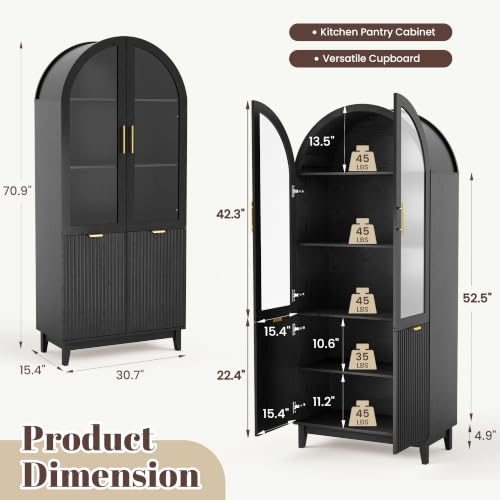 Image of Pamapic 71 inch Tall Arched Cabinet with Glass Doors, Fluted Kitchen Pantry Cabinet, Modern Wood Storage Cabinet with Adjustable Shelves, Curio Display China Cabinet for Dining Room, Living Room(Black)