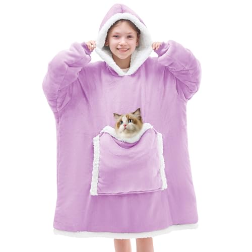 JOYWOO Purple Kids Wearable Blanket Hoodie,Oversized Cat lovers Hoodie Blanket for kids & Teens,Birthday Gifts for Girl Boys,Warm Cozy Fuzzy Sherpa Fleece Sweatshirt Blanket Giant Pocket Gifts,Purple