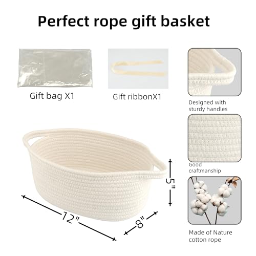 Image of Baby Gifts Basket Empty with Gifts Bag and Ribbon12 inchx8 inchx5 inch Gift Baskets to Fill Easter Baskets Birthday Baskets Small Woven Cotton Rope Basket Baby Toy Baske(white, regular)