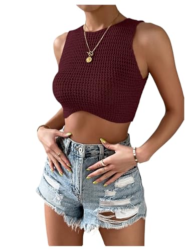 Image of GORGLITTER Women's Crochet Crop Tank Top Hollow Out Sleeveless Fashion Trendy Knit Copped Vest Tops