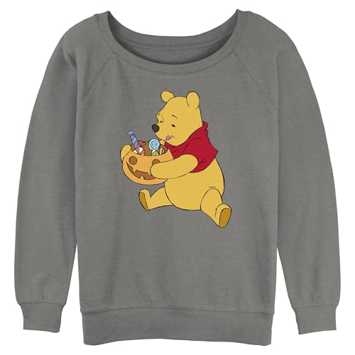 Disney Women's Juniors' Candy Pooh Bear Sloucher Terry, Gray Heather