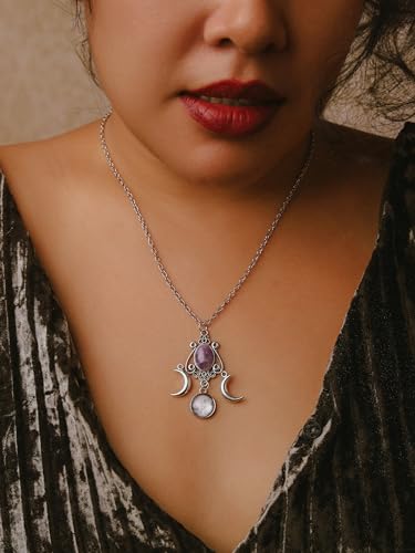 MINACHI Bohemian Ethnic Retro Style Amethyst-toned Pendant Necklace, Purple Moon and Half Moon, Long Jewelry for Women4