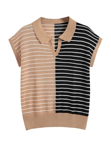 Image of ZAFUL Women's Short Sleeve Summer Sweaters for Women Lightweight Polo Sweater Shirts Lapel V Neck Pullover Knit T Shirts