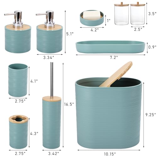 XLHOMO Blue Bathroom Set, Light Blue Bathroom Accessories Set with Trash Can, 2PCS Soap Dispensers, Soap Dish, Toothbrush Holder, Toothbrush Cup,Toilet Brush, Tray and Qtip Holders for Bathroom Decor - Thumbnail 6