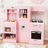 MAMIZO Wooden Play Kitchen for Kids, Toddler Toy Kitchen Playset, Large Interactive Pretend with 6 Kitchenware, Realistic Water Dispenser & Hood w/Lights & Sounds, Sink, Stove, Oven, Microwave (Pink)