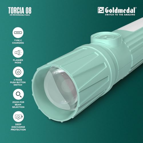 Image of Goldmedal Torcia 08 1W LED Rechargeable Torch, Zoom Function for Adjustable Beam|4 Mode Push Button Switch| Type-C Charging with Back-Up Up to 2.5 Hours | Charging time - 3.4 Hours - Cool Daylight