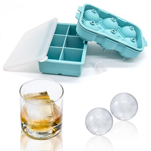 Hanari Silicone Ice Cube Tray 2 Pack, Big Square Ball Ice Cube Molds with Lid Funnel, Large Craft Whiskey Ice Maker for Cocktail, Coffee, Bourbon, Drinks, Stackable, Easy Release