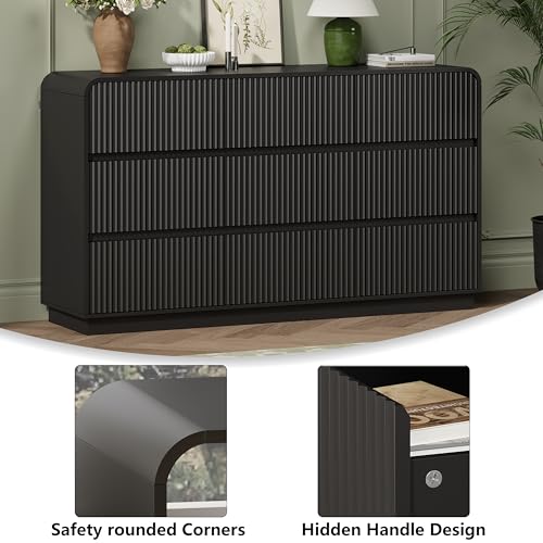 Image of Wodeer Black Dresser Fluted 9 Drawers Dresser for Bedroom, 59 inch Wide Wood Chest of Drawers with Hidden Handles & Rounded Corners, Modern TV Stand Storage Cabinet for Living Room, Hallway, Entryway