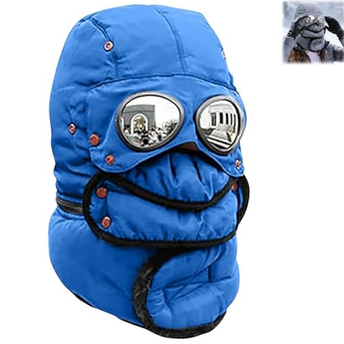 Winter Thermal Hat with Glasses Windproof Ski Mask Cap Fashion Warm Hat for Cycling, Trapper Beanie with Goggles Built in (Blue 1pc)