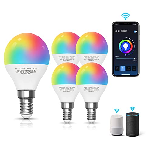 Bombillas Inteligentes Aigostar 5 pack Bombilla LED inteligente WiFi G45, 5W, 350lm, E14 rosca delgada, RGB+CCT. Regulable multicolor + luz...