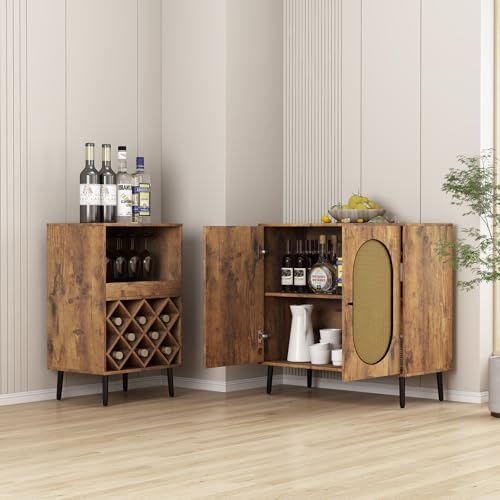 Mjkone Liquor Cabinet, Elegant 55\" Convertible Wine Bar Cabinet, Kitchen Sideboard Tables with Hidden Lockers, Boho Buffet Cabinet with 8 Wine Bottle Rack& Glass Holder for Living Room, Dining Room
