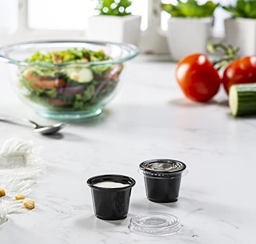 Image of {1 oz - 100 Sets} Black Diposable Plastic Portion Cups With Lids, Small Mini Containers For Portion Controll, Jello Shots, Meal Prep, Sauce Cups, Slime, Condiments, Medicine, Dressings, Crafts, Disposable Souffle Cups & Much more