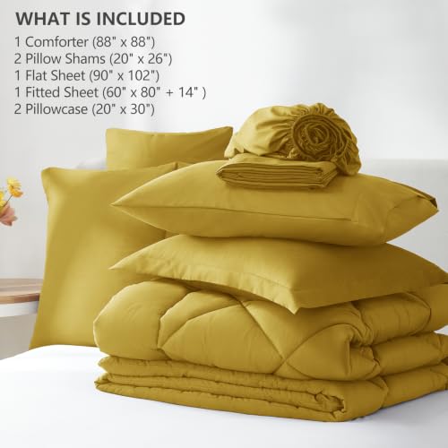 Image of CozyLux Queen Comforter Set Mustard Yellow - Bed in a Bag Queen Size 7 Pieces, Luxury Soft Bed Set for All Seasons, Bedding Set with Down Alternative Comforter, Sheets, Pillowcases & Shams