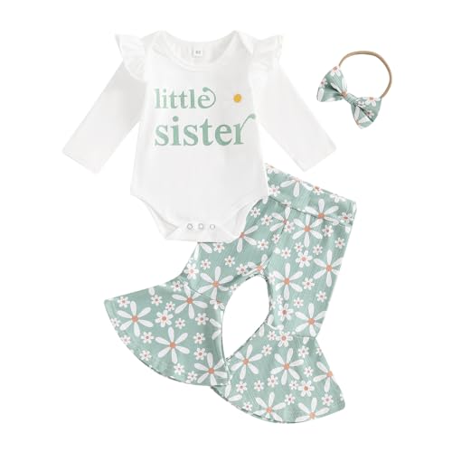 Image of Little Sister Newborn Outfit Baby Girl Long Sleeve Romper Floral Bell Bottom Pants Headband 3pcs Fall Clothes