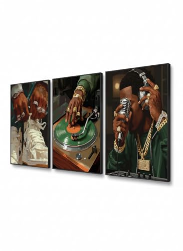‍Unframed 3 Piece African American Wall Art for Men - Black King Hip Hop Canvas Prints - Urban Street Hypebeast Sneaker & DJ Music Theme Decor - Graffiti Style Art for Man Cave, Studio, Bedroom - 12x16in