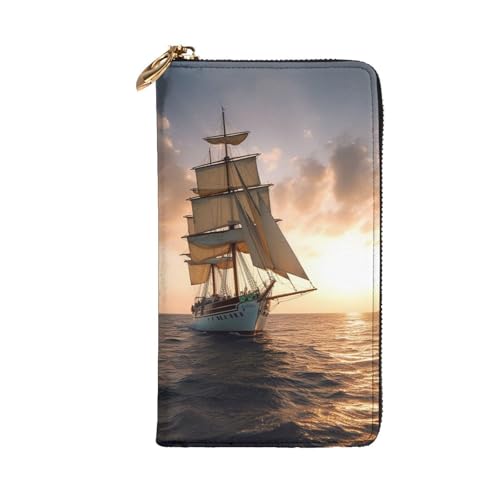 Womens Wallet Leather Slim Wallet Long Card Holder Case Zip Clutch White Sailing Ship at Sunset Travel Purse3