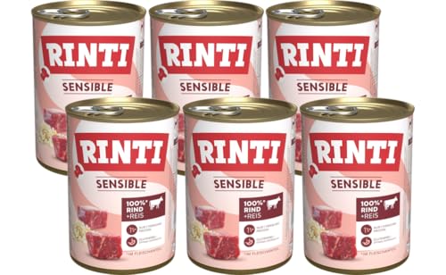 Rinti Sensible Rind + Reis 6 x 400g | Glutenfreies Nassfutter für empfindliche Hunde | Nur eine tierische Proteinquelle | Ohne Soja & Farbstoffe | Mit Reis – fettarm & leicht verdaulich